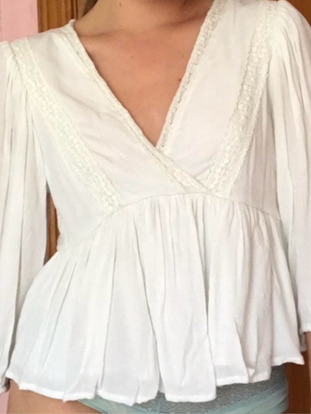 Hollister White V-Neck Peasant Blouse with Lace Trim